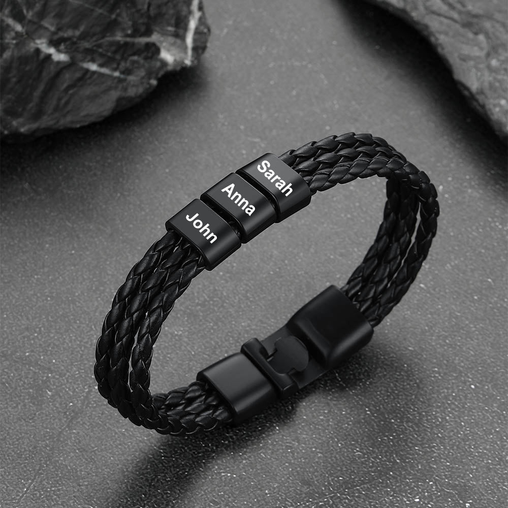 Customized Braided Leather Bracelet With Name Beads for