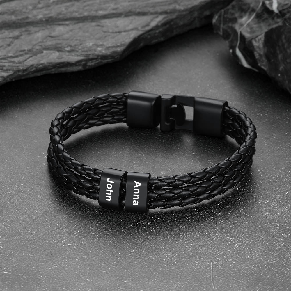 Customized Braided Leather Bracelet With Name Beads for