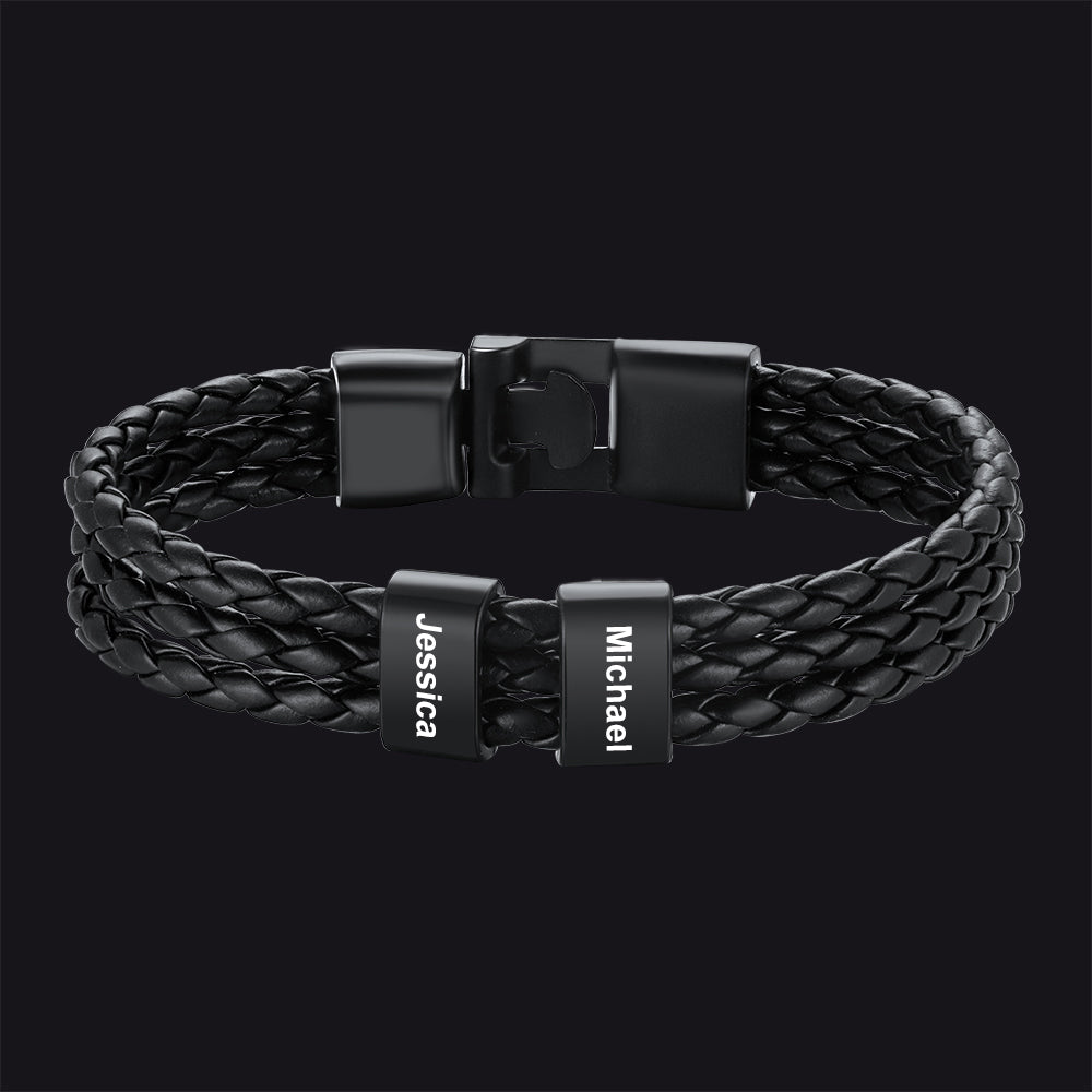 Customized Braided Leather Bracelet With Name Beads for