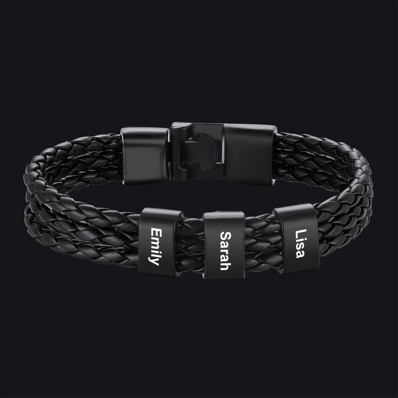 Customized Braided Leather Bracelet With Name Beads for