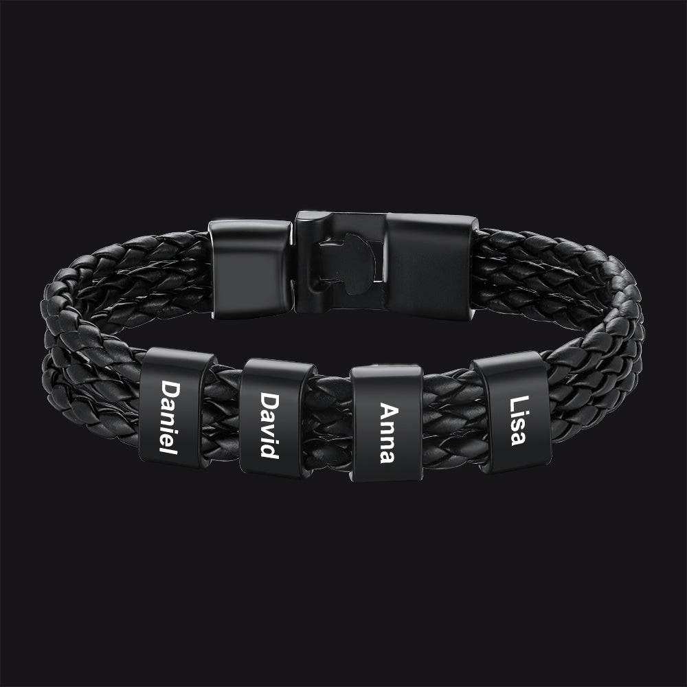 Customized Braided Leather Bracelet With Name Beads for