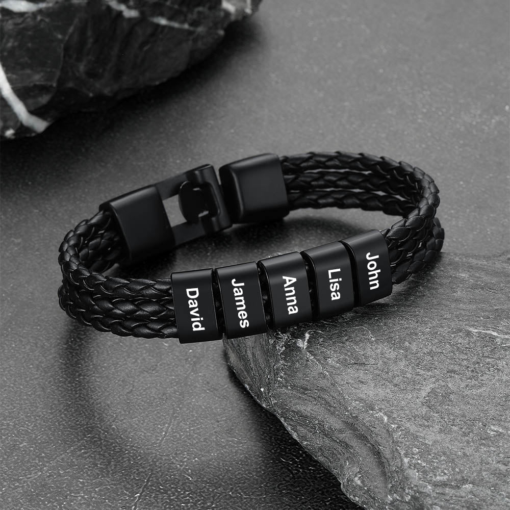 Customized Braided Leather Bracelet With Name Beads for