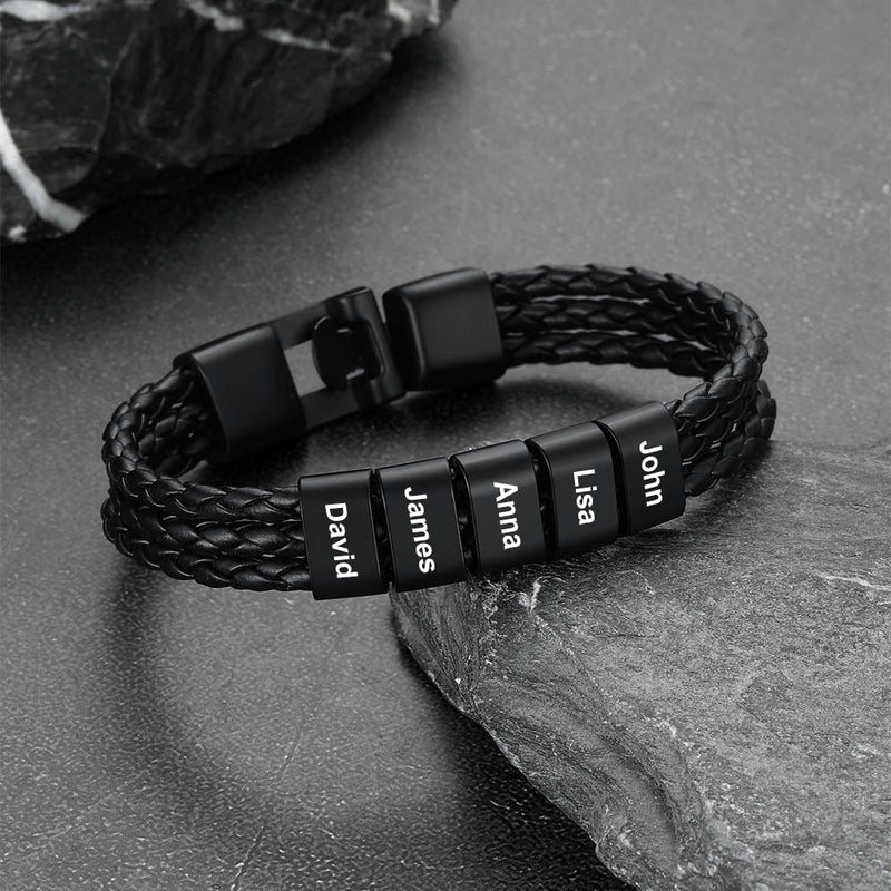 Customized Braided Leather Bracelet With Name Beads for