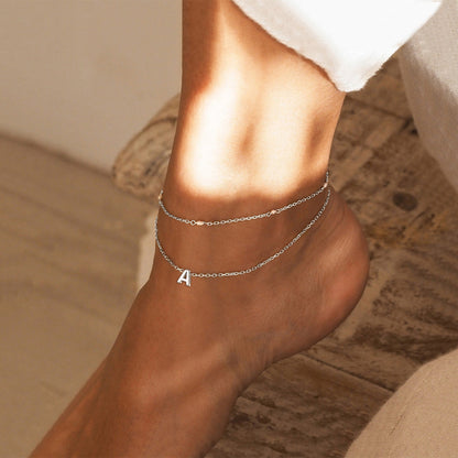Sterling Silver Initial Cable Chain Ankle Bracelet for