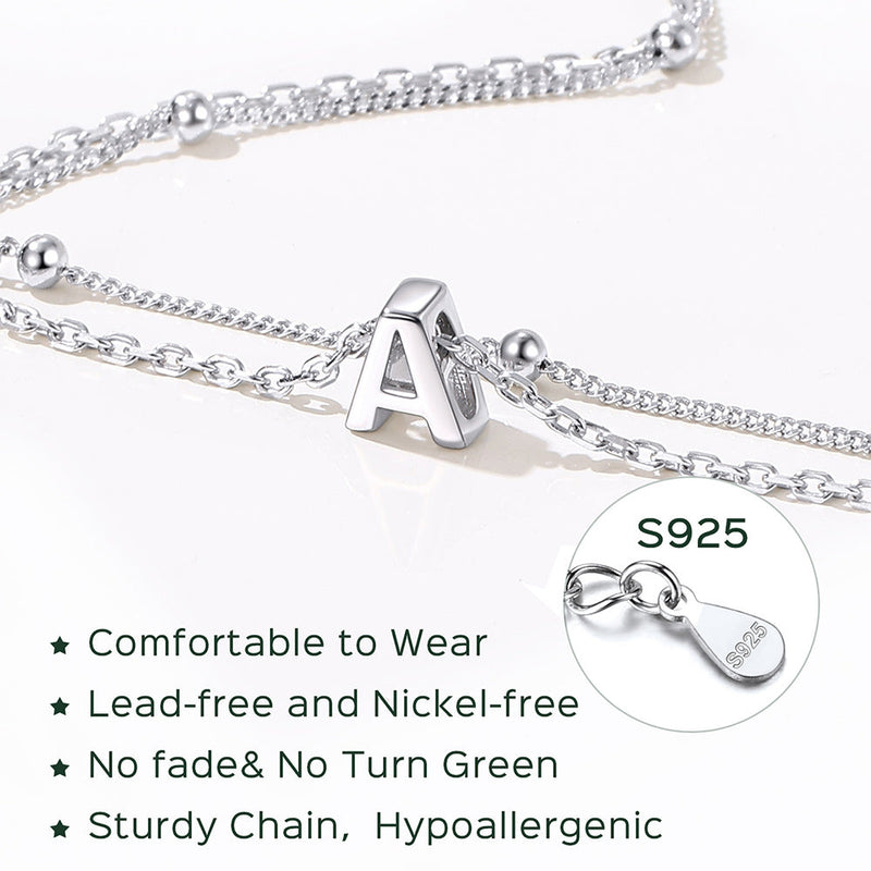 925 Sterling Silver Bead Chain Layered Initial Anklets for Girlfriend Gift