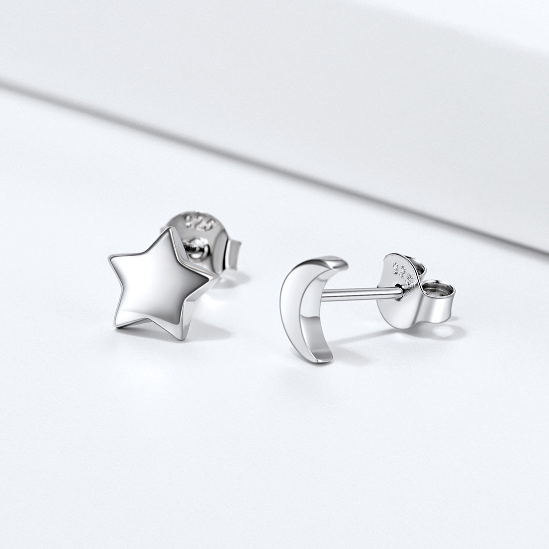 Sterling Silver Star Moon Stud Earrings for
