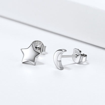 Sterling Silver Star Moon Stud Earrings for