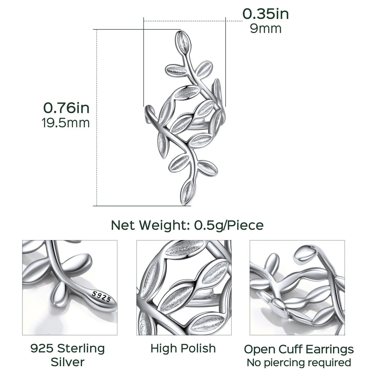 Sterling Silver Leaf Non Piercing Clip on Cartilage Ear Cuff Earrings 1pc
