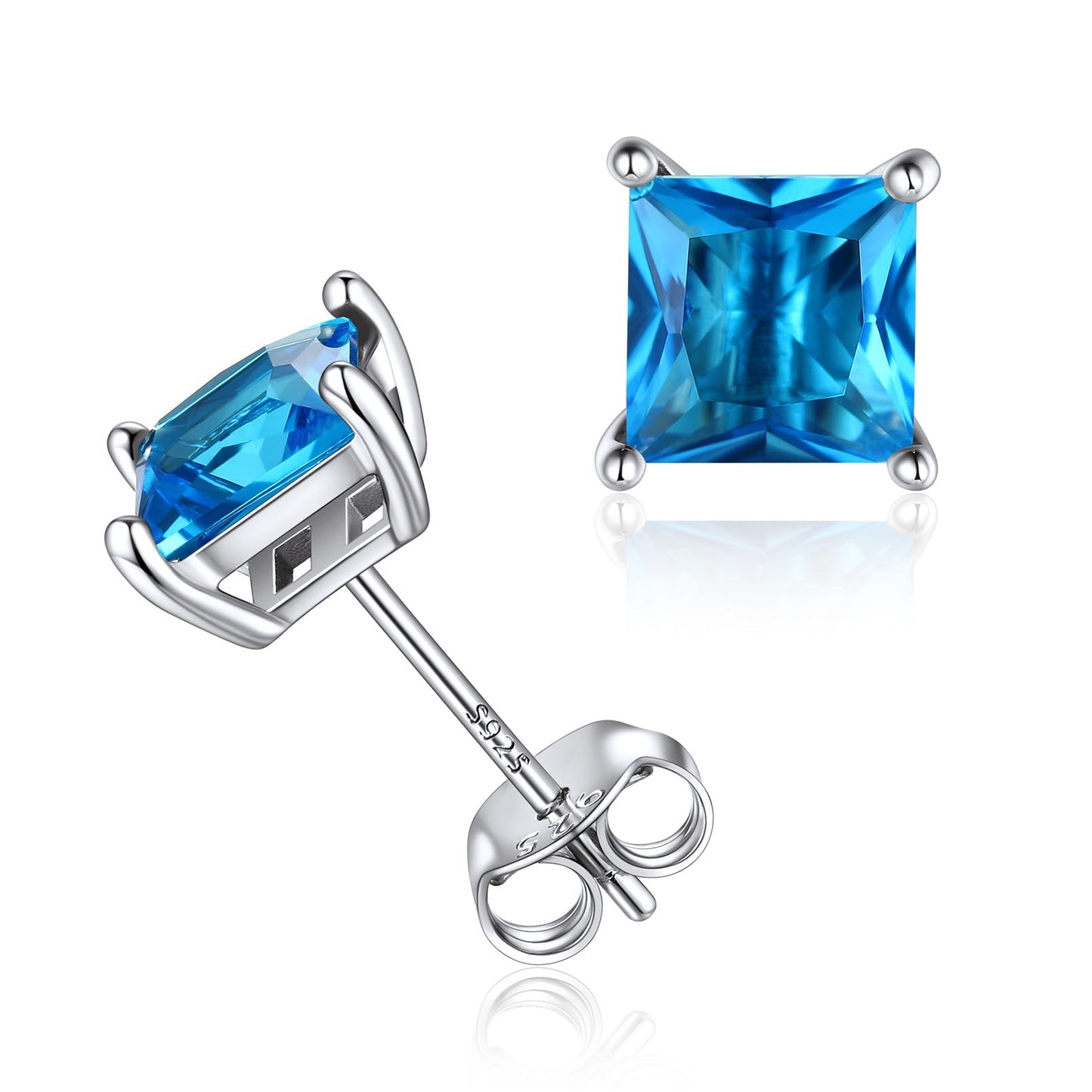 Sterling Silver Princess Cut Birthstone Stud Earrings Gift for Her
