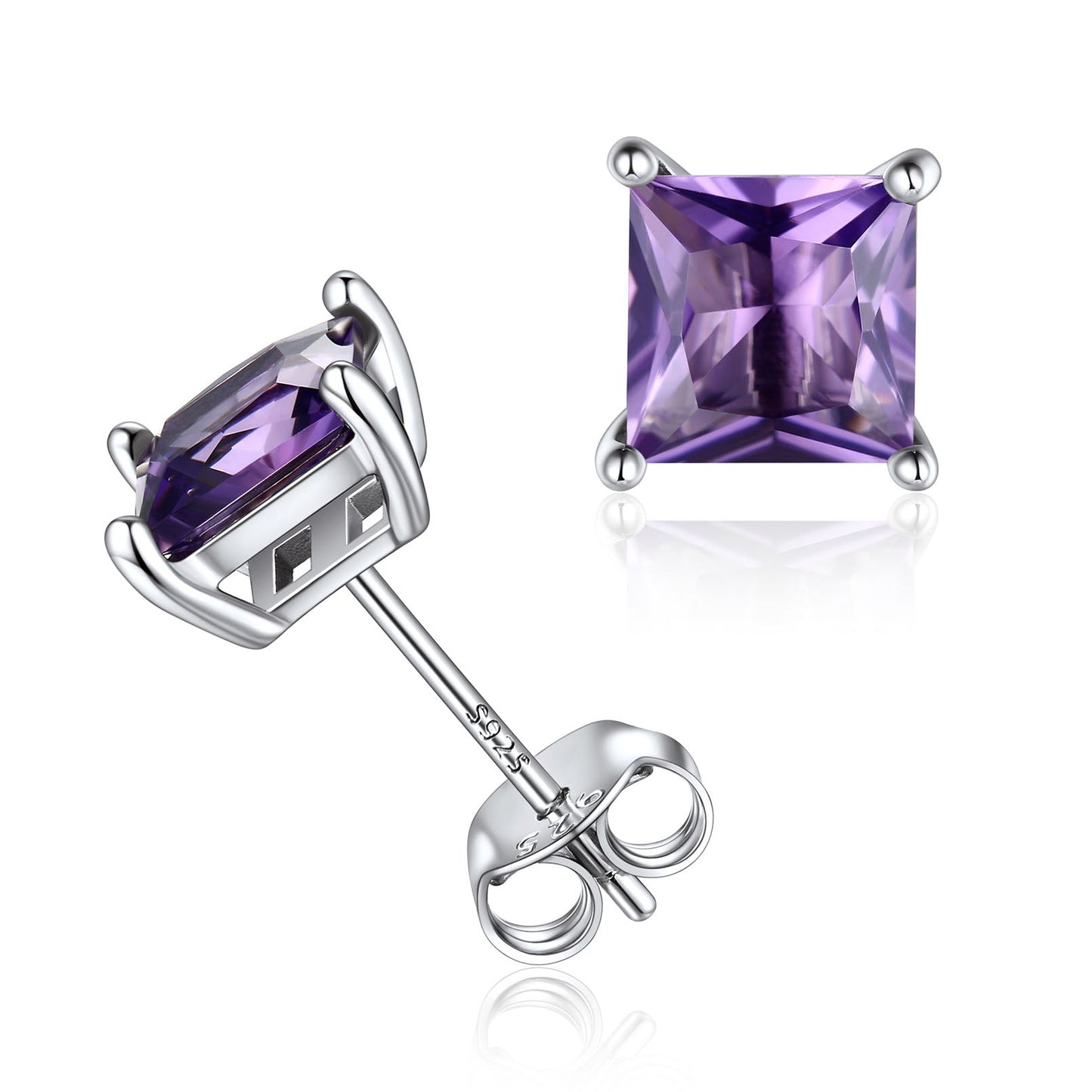Sterling Silver Princess Cut Birthstone Stud Earrings Gift for Her