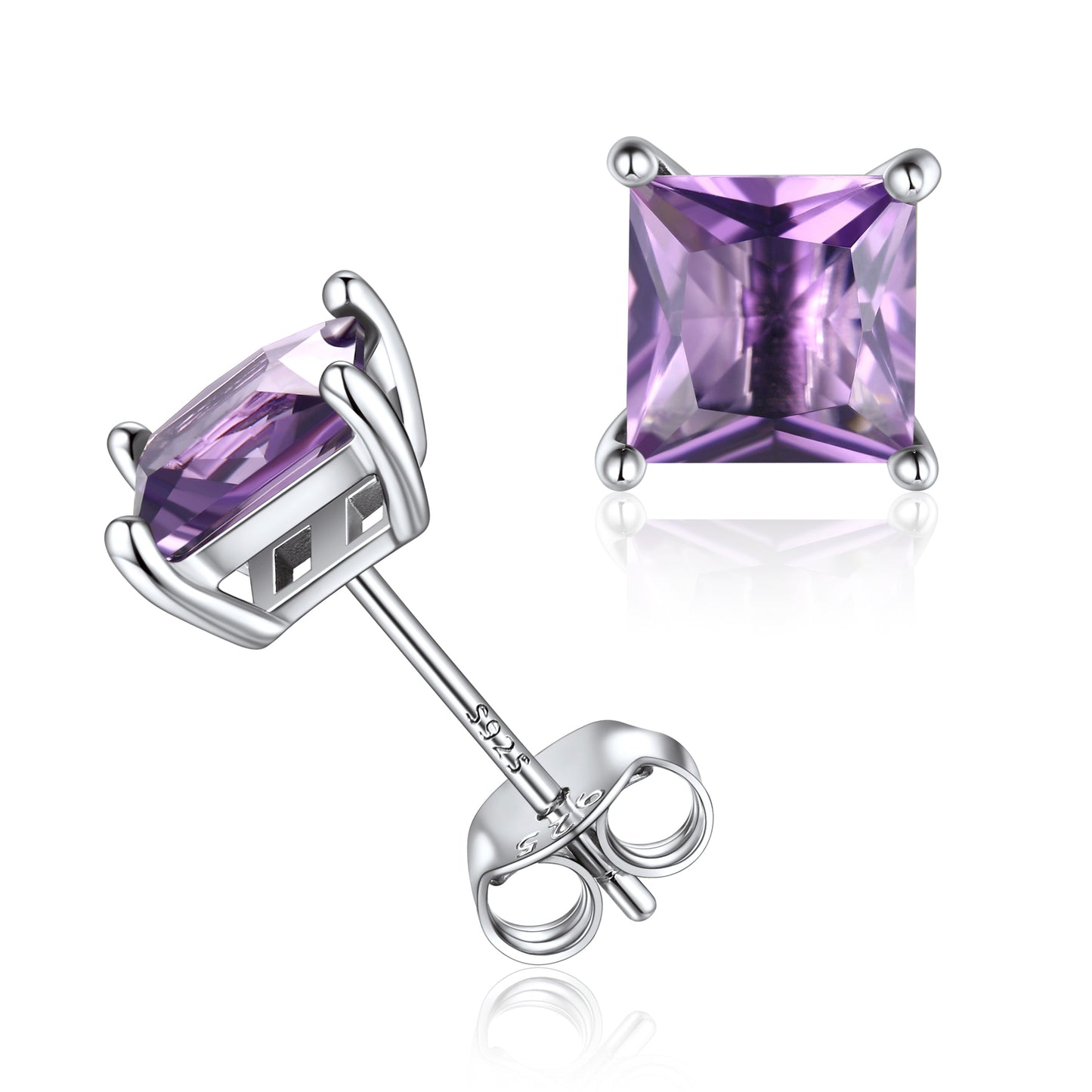 Sterling Silver Princess Cut Birthstone Stud Earrings Gift for Her