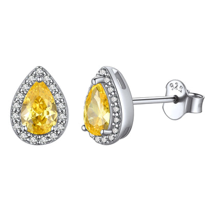 Silver Birthstone Teardrop Halo Stud Earrings for