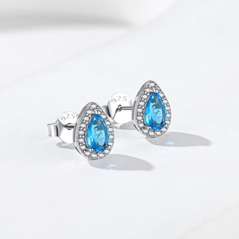 Silver Birthstone Teardrop Halo Stud Earrings for