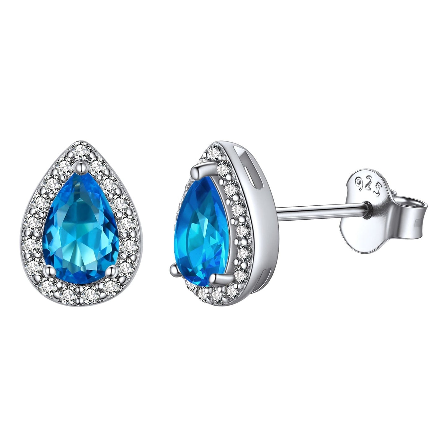 Silver Birthstone Teardrop Halo Stud Earrings for