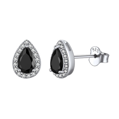Silver Birthstone Teardrop Halo Stud Earrings for