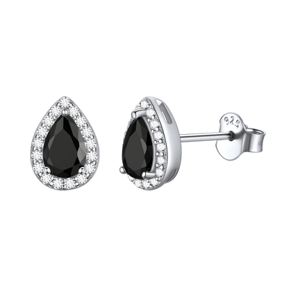 Silver Birthstone Teardrop Halo Stud Earrings for