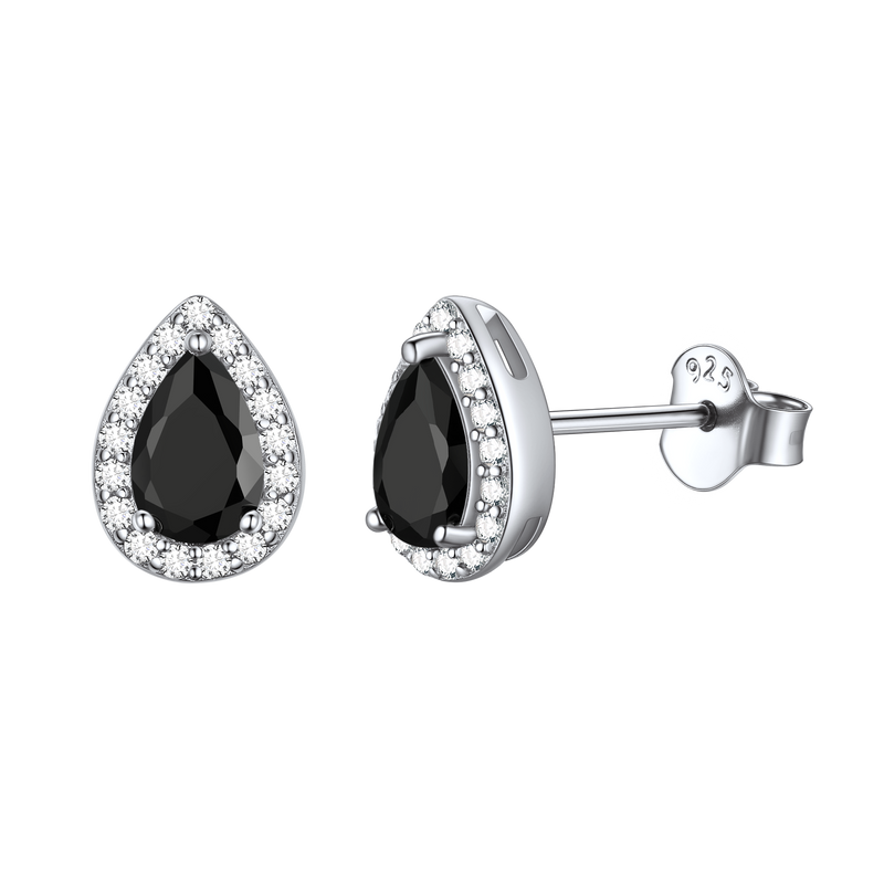 Silver Birthstone Teardrop Halo Stud Earrings for