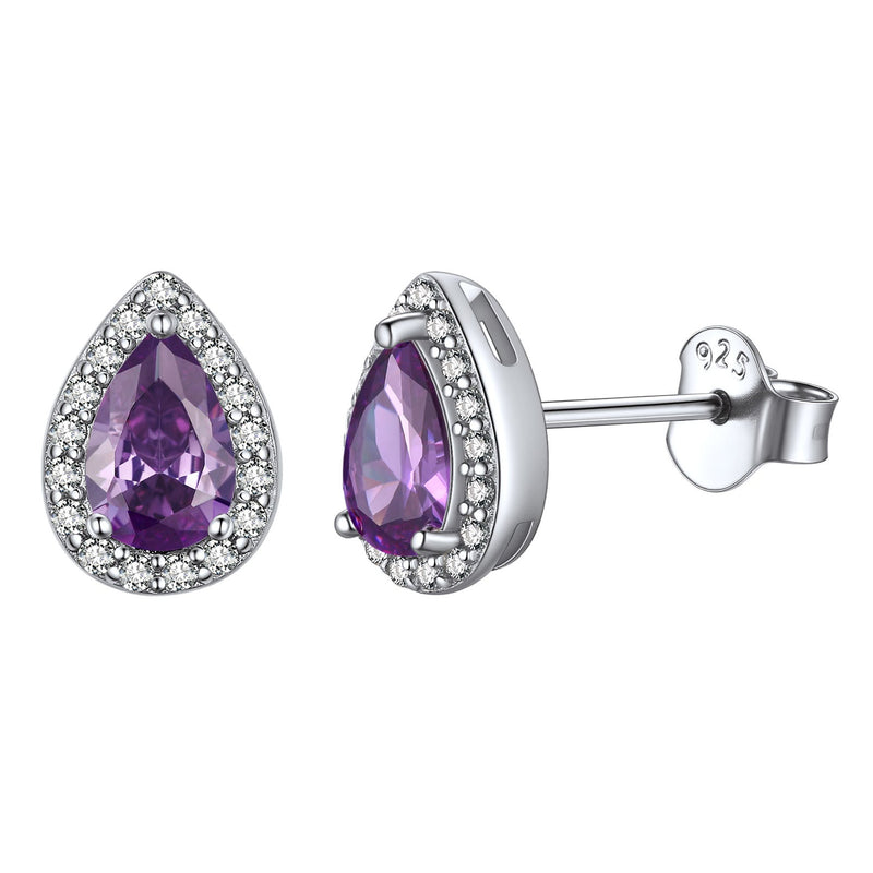 Silver Birthstone Teardrop Halo Stud Earrings for