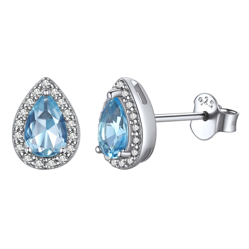 Silver Birthstone Teardrop Halo Stud Earrings for
