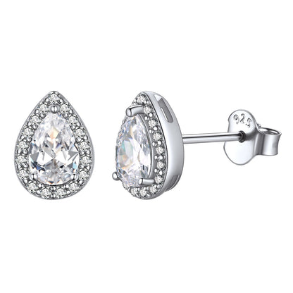 Silver Birthstone Teardrop Halo Stud Earrings for