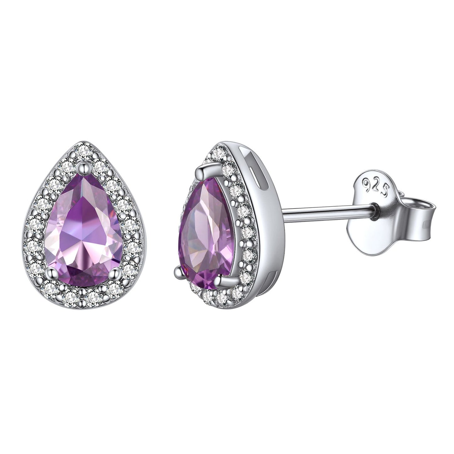 Silver Birthstone Teardrop Halo Stud Earrings for