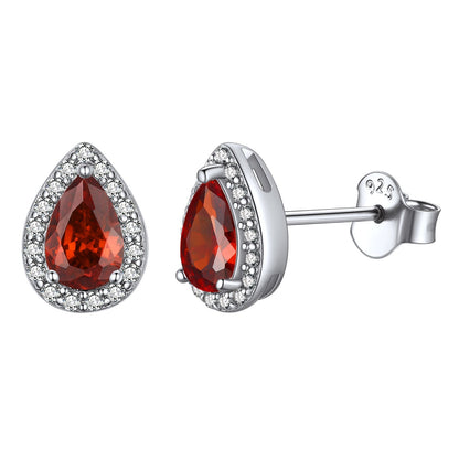 Silver Birthstone Teardrop Halo Stud Earrings for