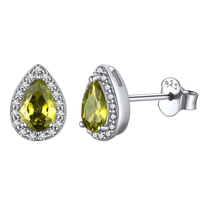 Silver Birthstone Teardrop Halo Stud Earrings for