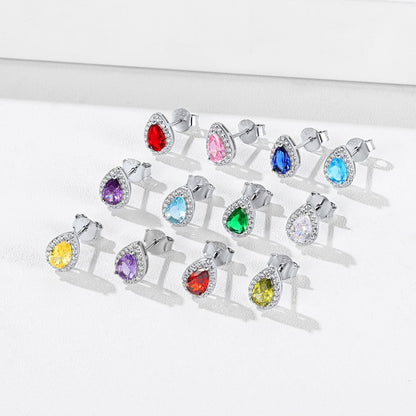 Silver Birthstone Teardrop Halo Stud Earrings for