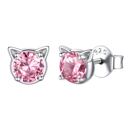 Silver Birthstone Cat Stud Earrings for Cat Lovers