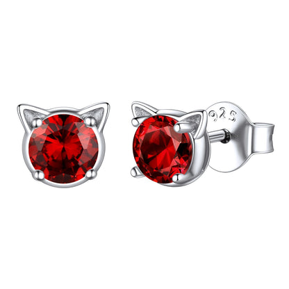Silver Birthstone Cat Stud Earrings for Cat Lovers