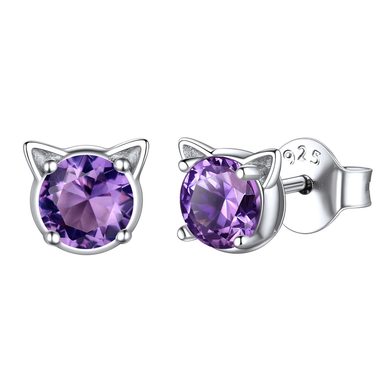 Silver Birthstone Cat Stud Earrings for Cat Lovers