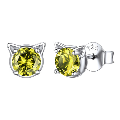 Silver Birthstone Cat Stud Earrings for Cat Lovers