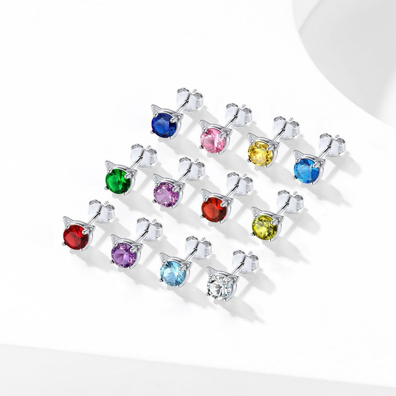 Silver Birthstone Cat Stud Earrings for Cat Lovers