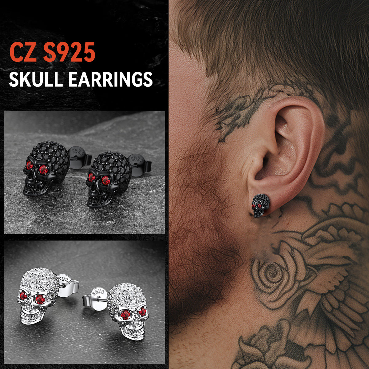 Sterling Silver Gothic Skull Diamond Stud Earrings for