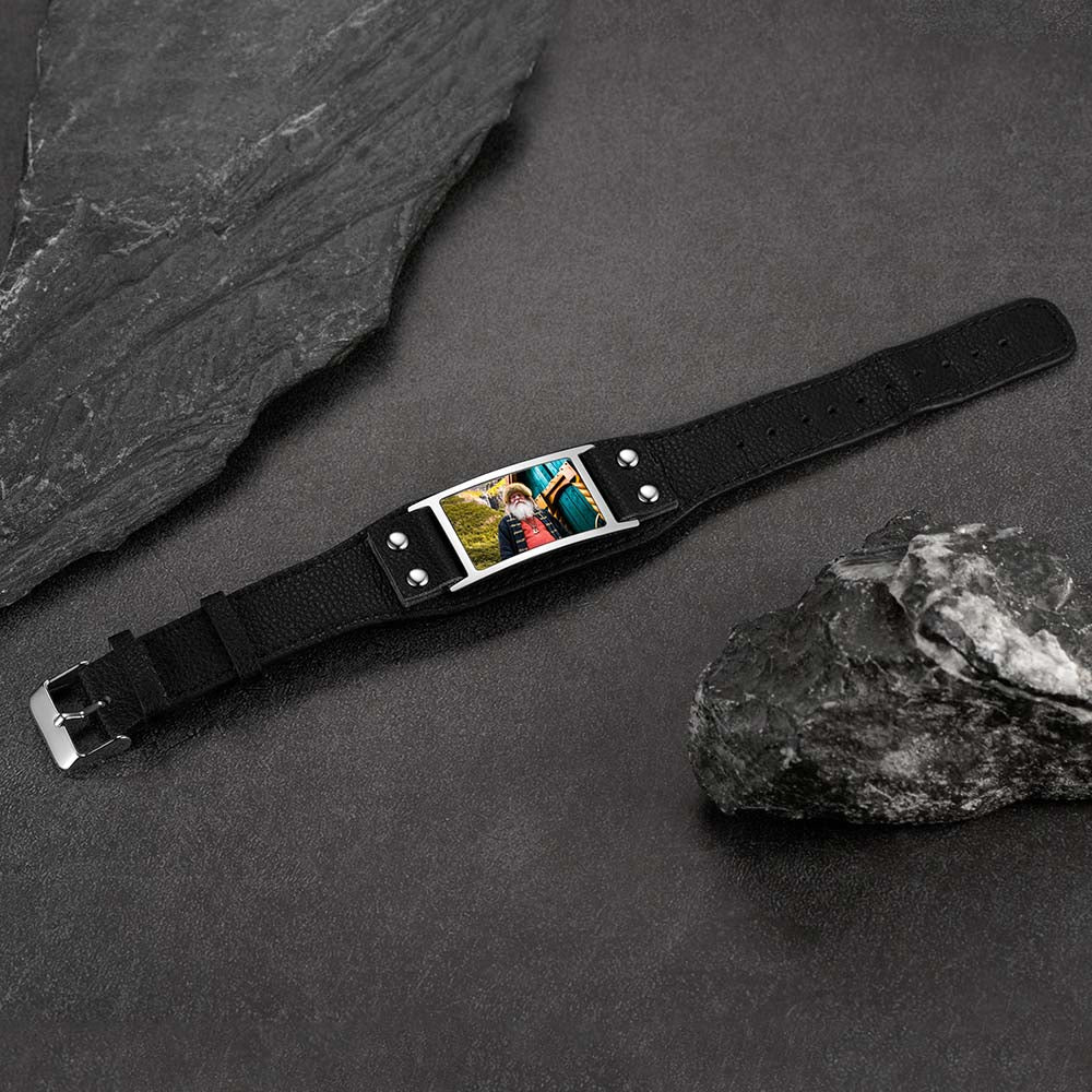 Personalized Picture Leather Bracelet Black Wristband for
