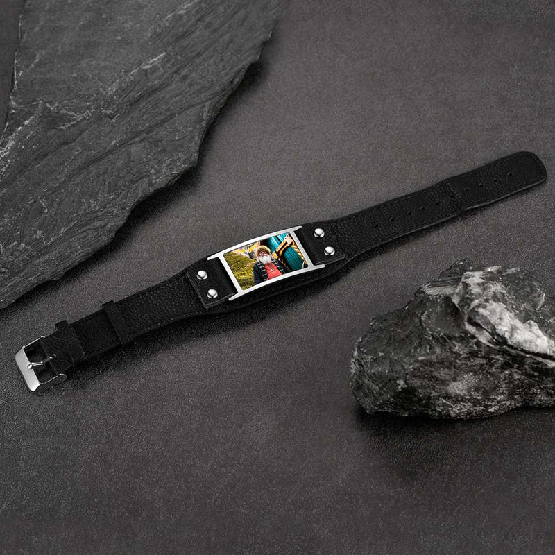 Personalized Picture Leather Bracelet Black Wristband for