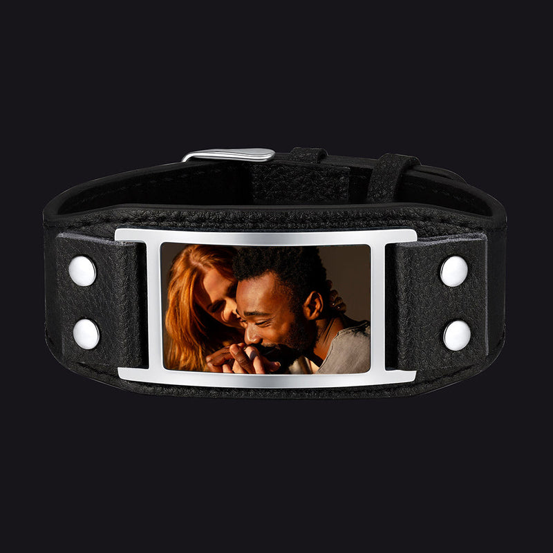 Personalized Picture Leather Bracelet Black Wristband for