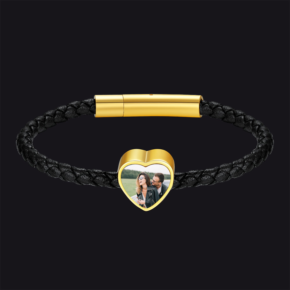 Customized Heart Black Braided Pu Leather Bracelet With Picture Memorial Gift