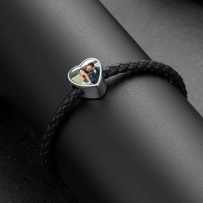 Customized Heart Black Braided Pu Leather Bracelet With Picture Memorial Gift
