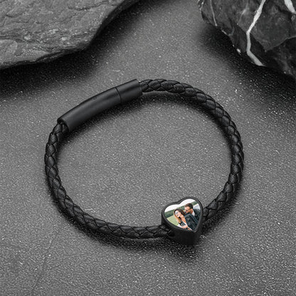 Customized Heart Black Braided Pu Leather Bracelet With Picture Memorial Gift