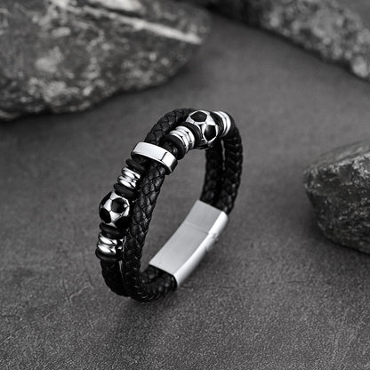 Punk Soccer Black Leather Braided Bracelet for