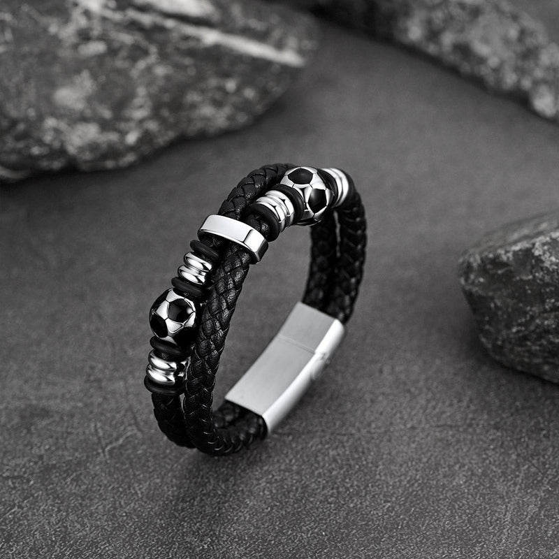 Punk Soccer Black Leather Braided Bracelet for