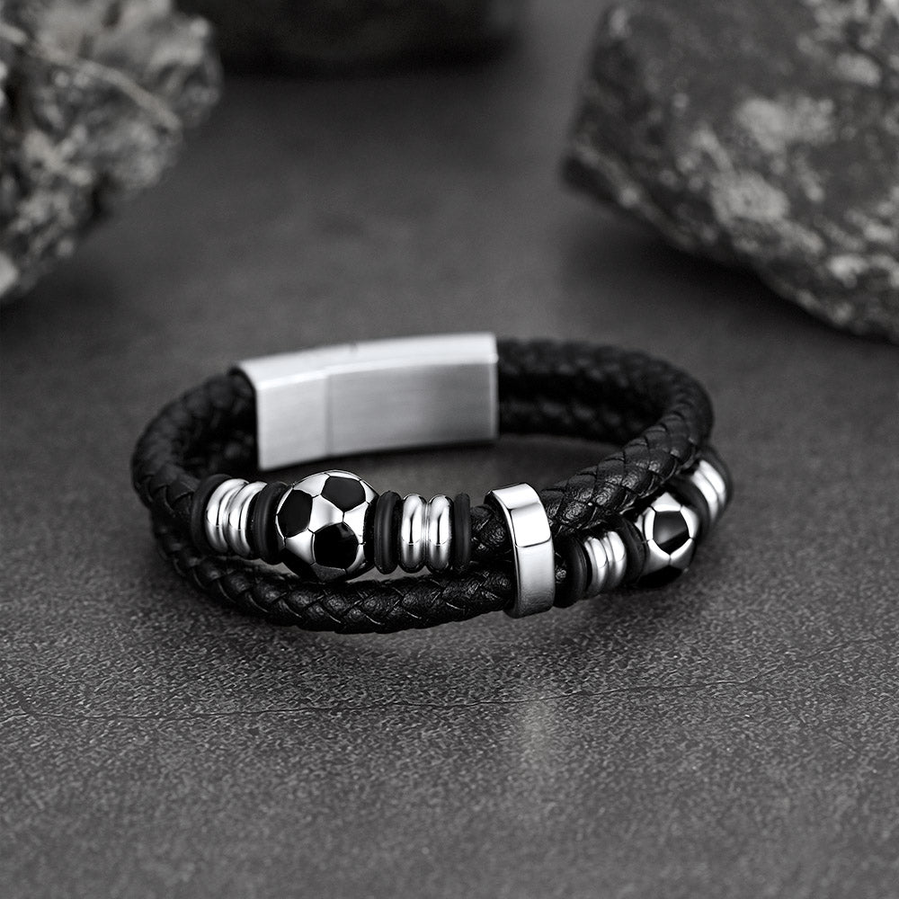 Punk Soccer Black Leather Braided Bracelet for