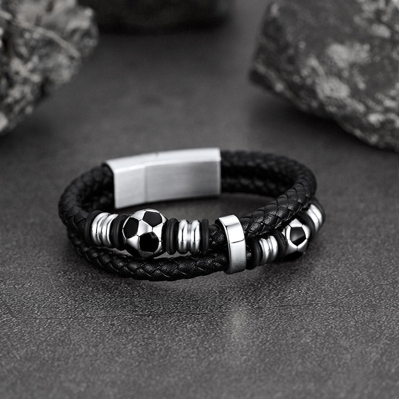 Punk Soccer Black Leather Braided Bracelet for