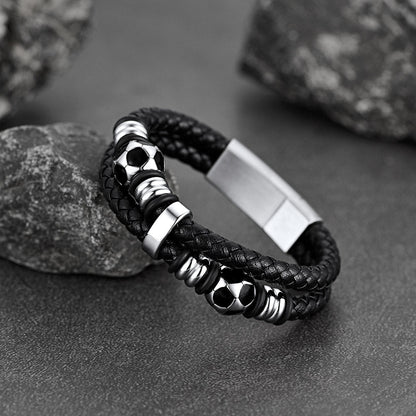 Punk Soccer Black Leather Braided Bracelet for