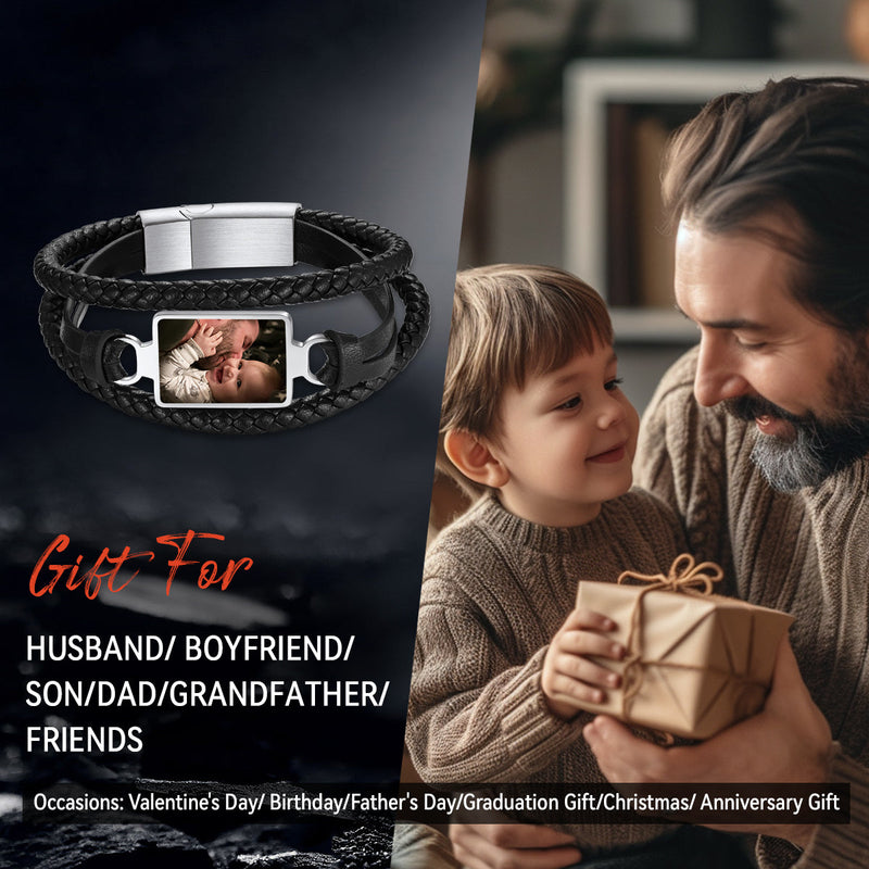 Personalized Picture Black Leather Bracelet Gift for