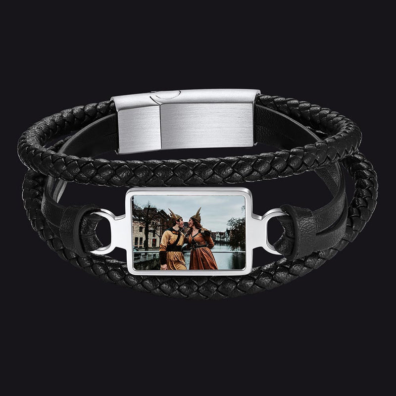 Personalized Picture Black Leather Bracelet Gift for