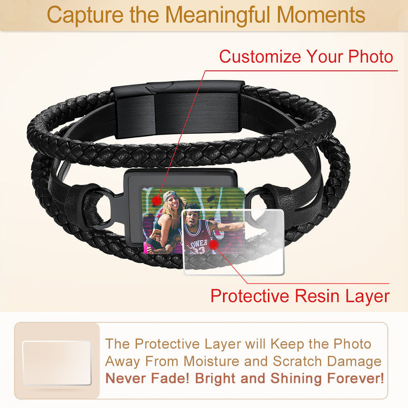 Personalized Picture Black Leather Bracelet Gift for
