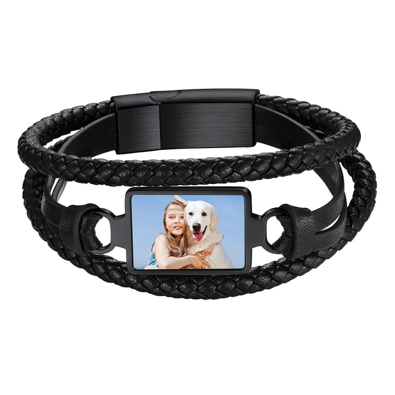 Personalized Picture Black Leather Bracelet Gift for