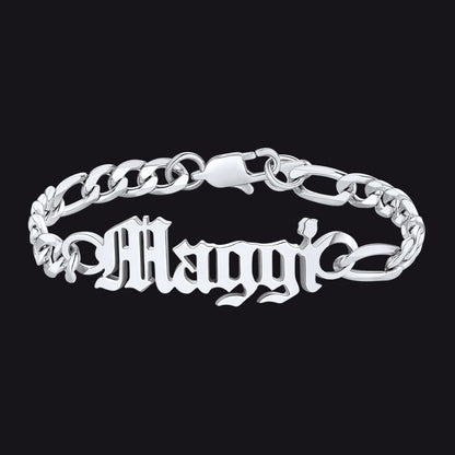 Engraved Name 6mm Figaro Link Chain Bracelet Gift for